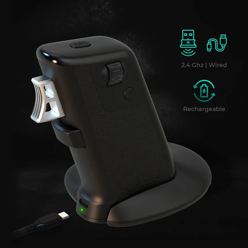 FireGrip with 2.4Ghz wireless and wired connection, rechargeable design.