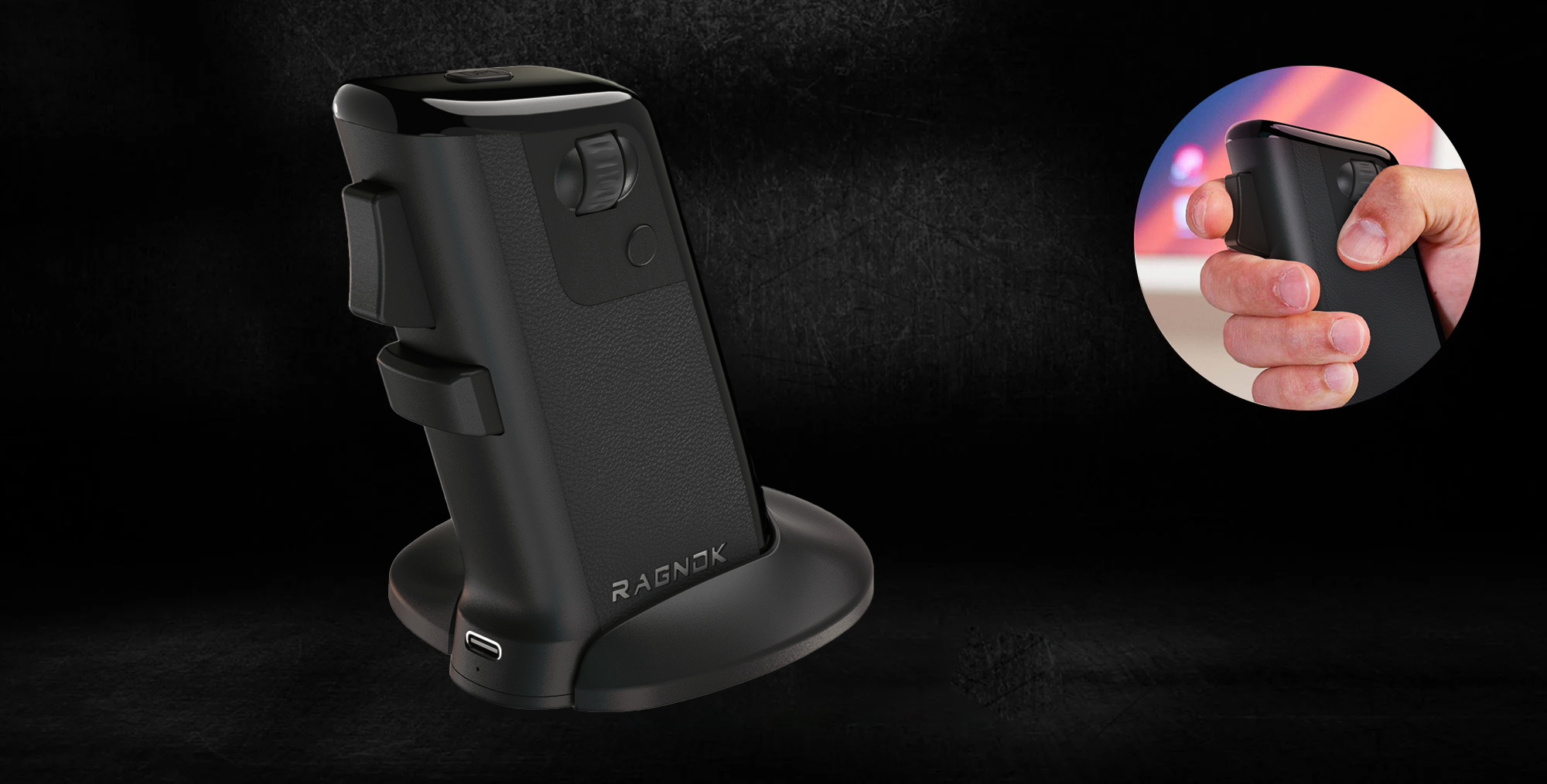 Ergonomic grip design of the RAGNOK FireGrip shown in hand.