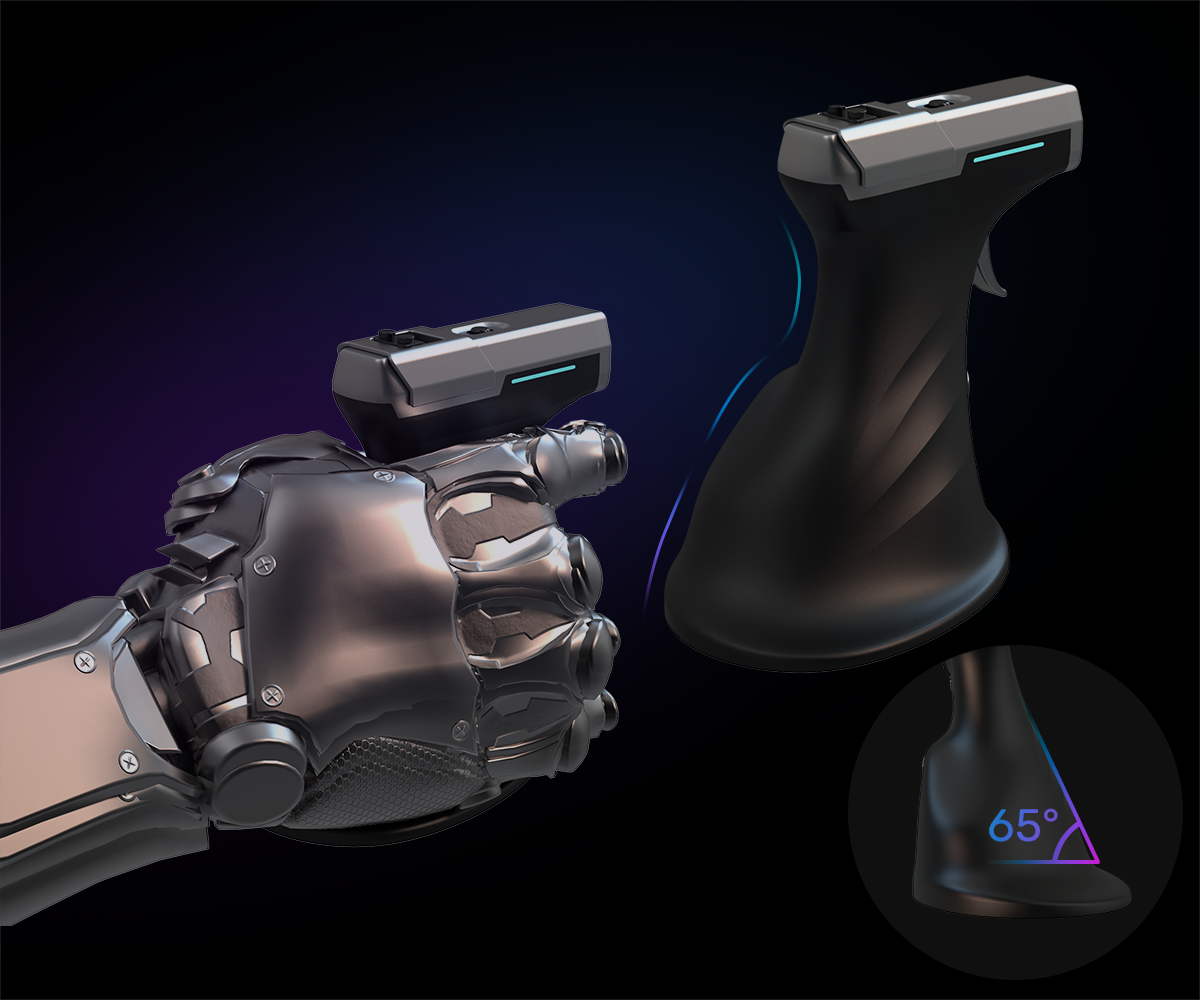 ErgoStrike7 gun-style ergonomic gaming mouse showing 65-degree vertical grip design.