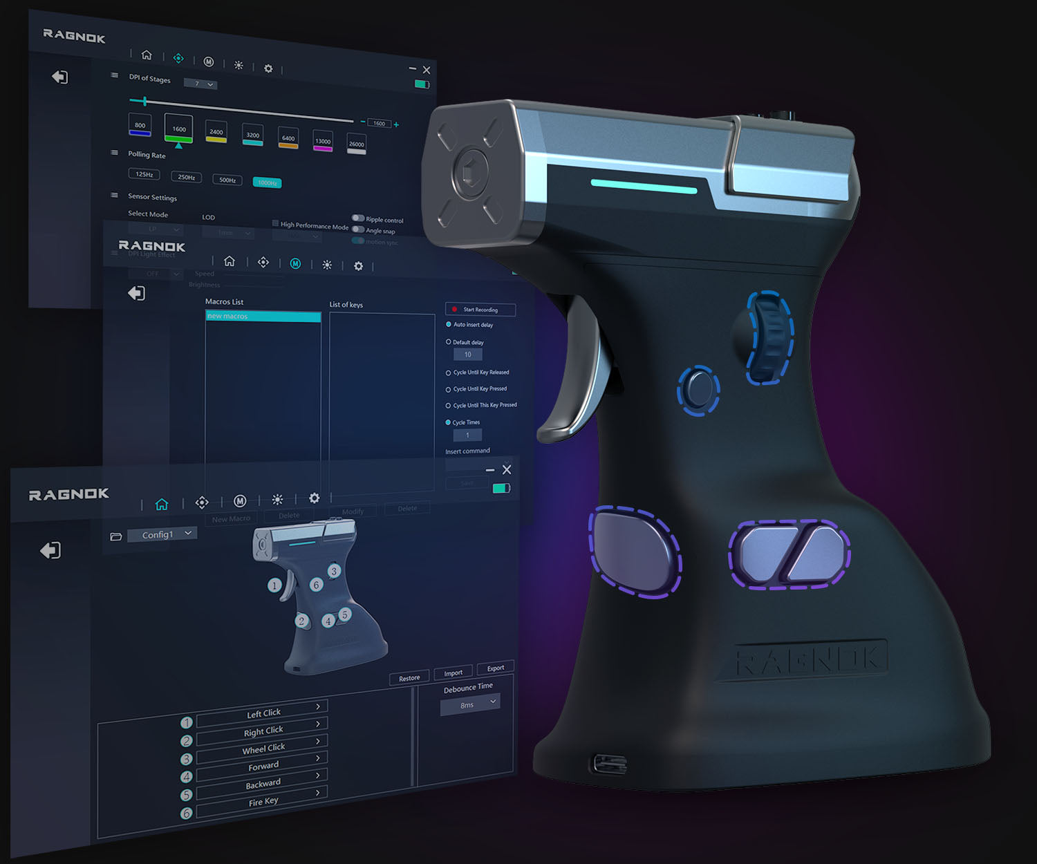 RAGNOK ErgoStrike7 gaming mouse with driver software interface for DPI and button customization.