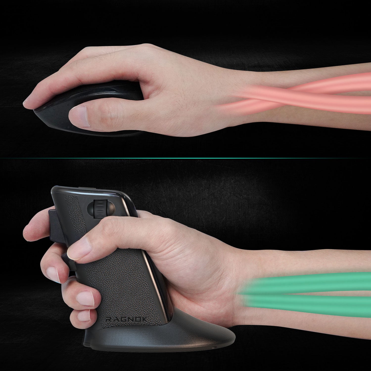 Ergonomic vertical grip design of the RAGNOK FireGrip gaming mouse for improved comfort.