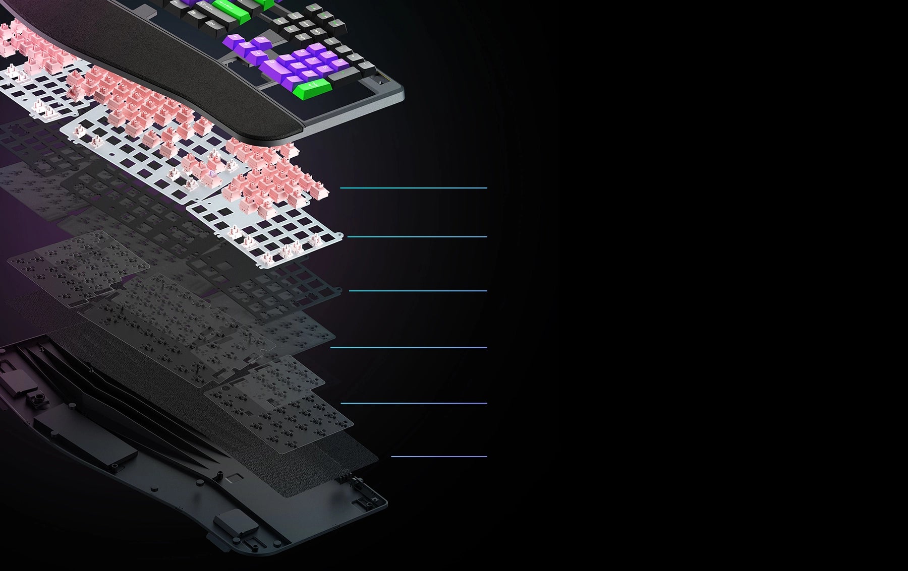 Cross-sectional view of a keyboard with labeled layers on a black background