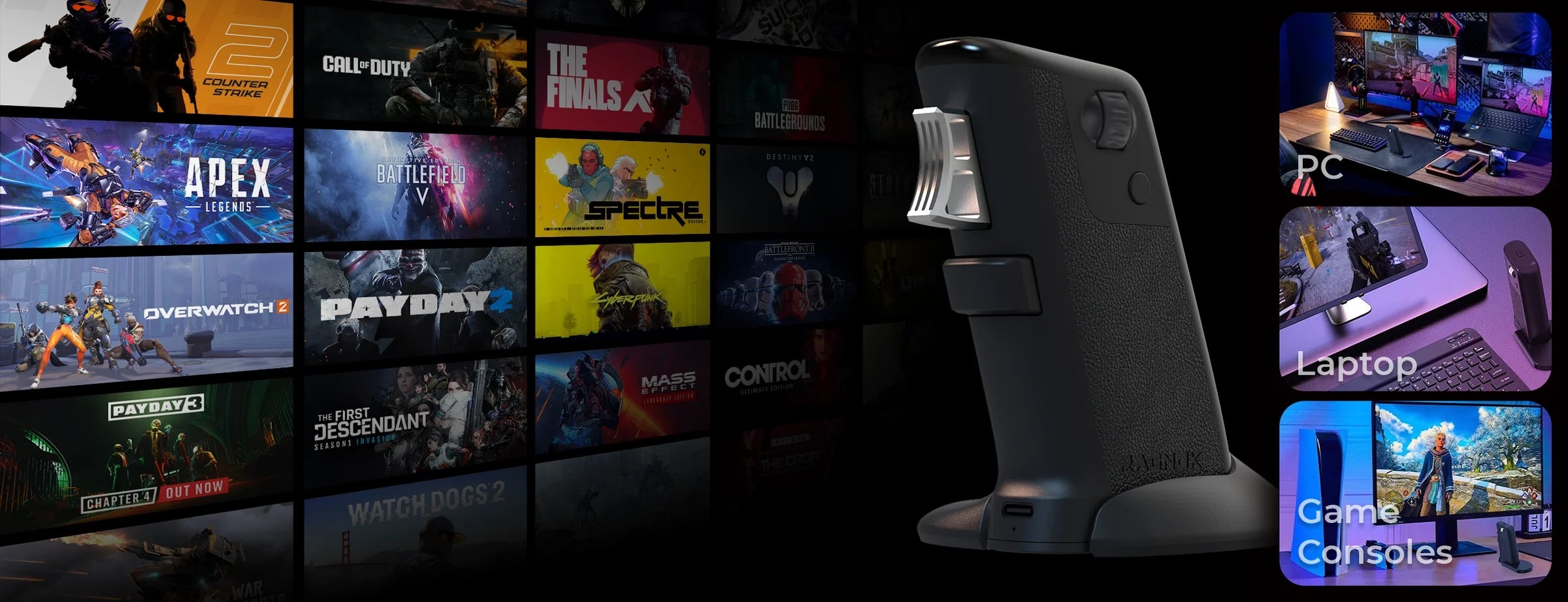 FireGrip with multi-platform compatibility for PC, laptop, and game consoles.