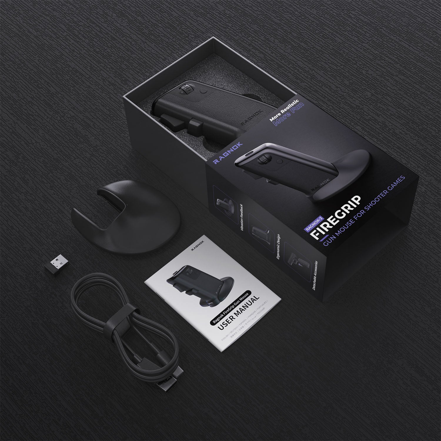 FireGrip unboxing showing package contents including mouse, stand, USB receiver, cable, and user manual.