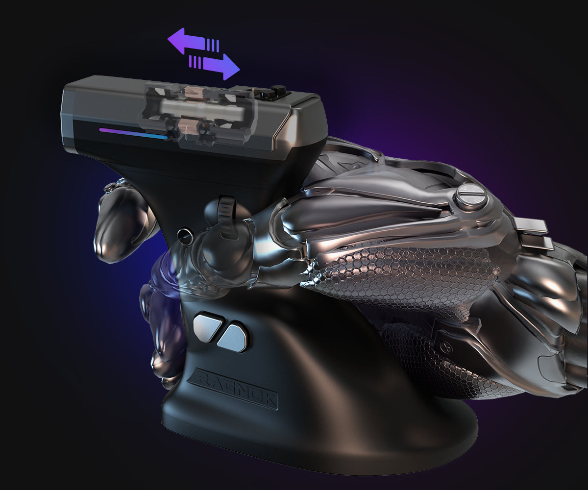 ErgoStrike7 gun-style gaming mouse showing the grip position when holding a mouse and internal structure.