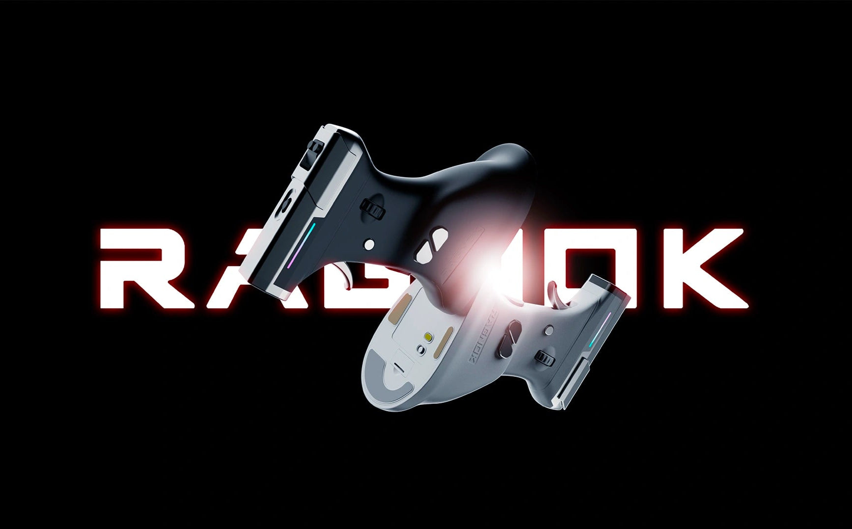 RAGNOK gun-shaped ergonomic gaming mouse showcased in dual color design.