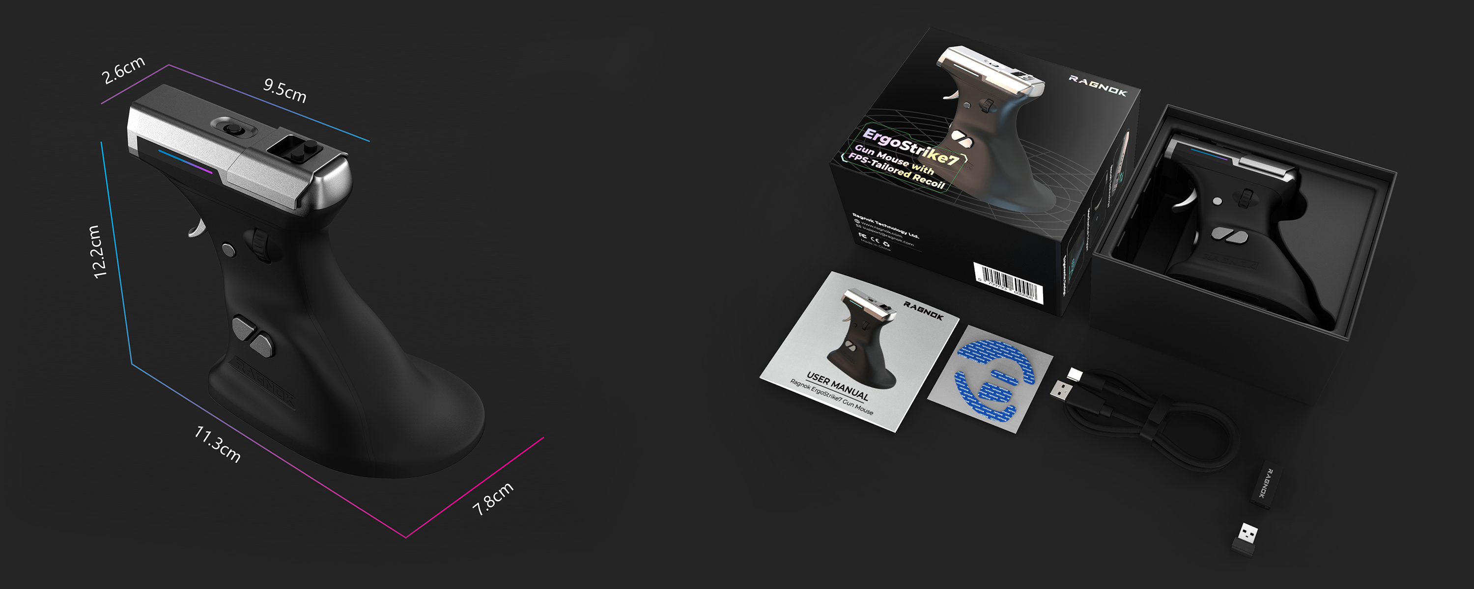 RAGNOK ErgoStrike7 gaming mouse dimensions and package contents, including box, cable, and manual.