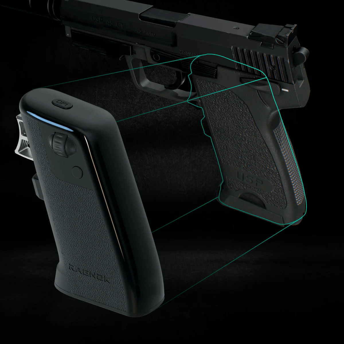 Shape comparison between the RAGNOK FireGrip gaming mouse and a toy-style controller handle.