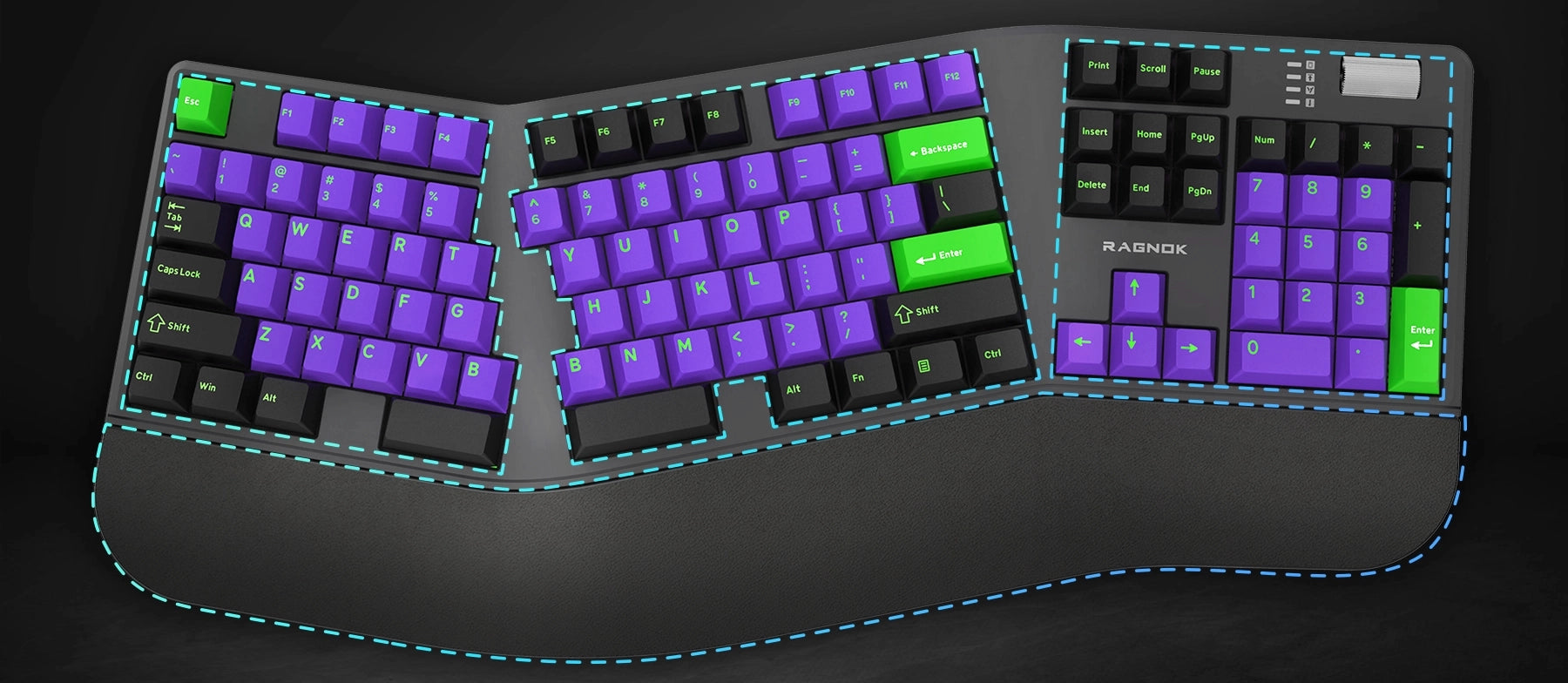 Gaming keyboard with purple and green keys on a dark background