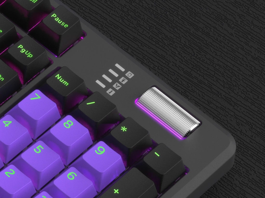 Close-up of a mechanical keyboard with purple and black keys on a dark background